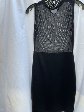 Black Sleeveless Mesh Rhinestone Sheath Dress